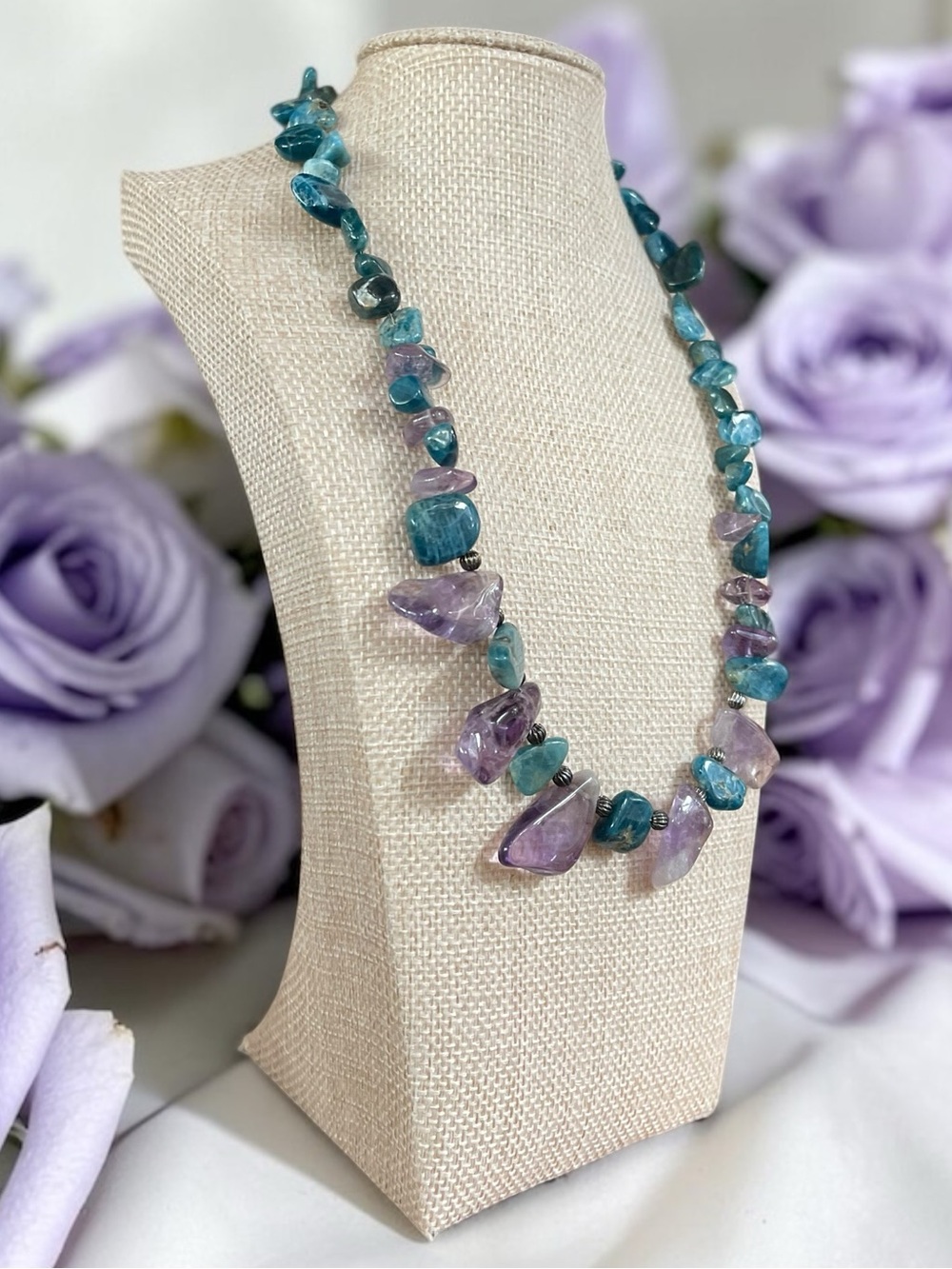 Apatite & Clear Amethyst Chunk Necklace with Toggle Closure